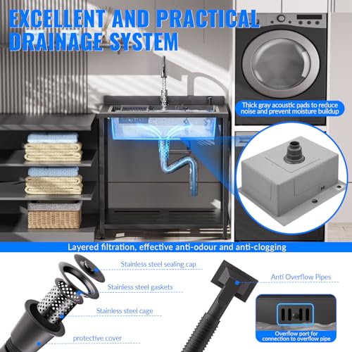 Stainless Steel Utility Sink, 36.6" × 24.2" × 36.6"Freestanding Sink with Cold and Hot Water Faucet,Hoses and Drain Kit for Kitchens, Bathrooms