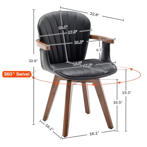 LUNLING Swivel Dining Chairs Set of 2, Mid Century Modern Gray Fabric+Faux Leather Kitchen Chairs with Arms,Bamboo Legs Side Chairs No Wheels