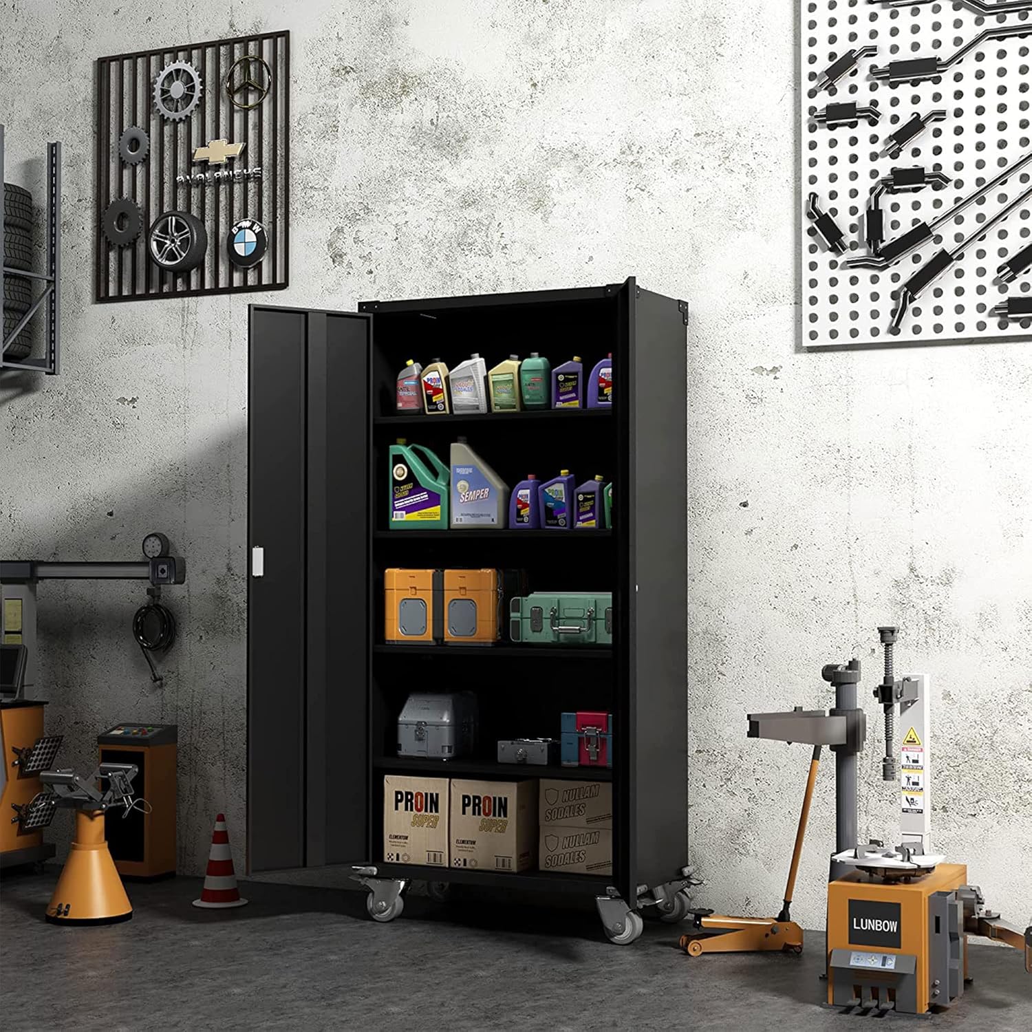 AOBABO Metal Storage Cabinet with Wheels,Steel Storage Shelving Cabinet, Lockable Cabinet for Home and Office, Metal Utility Cabinet for Garage