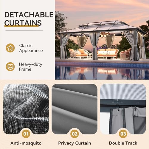 Aoxun 12'x16' Hardtop Gazebo, Aluminum Frame Permanent Pavilion with Netting and Curtains, Outdoor Polycarbonate Double Roof Canopy