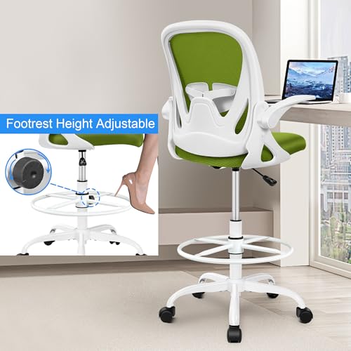 Primy Drafting Chair Tall Office Chair with Flip-up Armrests Executive Ergonomic Computer Standing Desk Chair with Lumbar Support and Adjustable