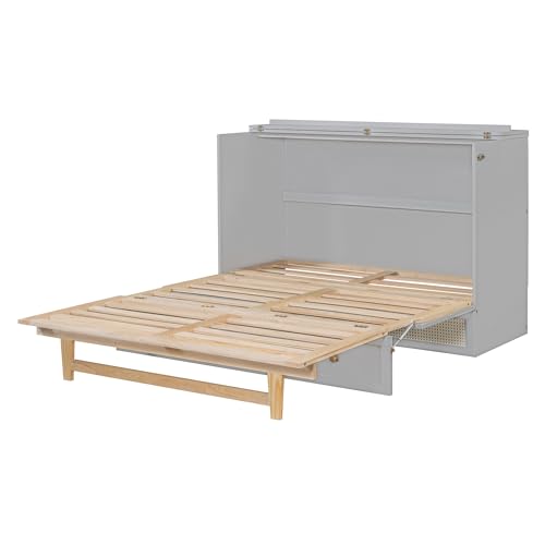 Ball & Cast Queen Size Solid Pine Murphy Bed Chest,Cabinet Hideaway Bed with Charging Station and Large Storage Drawer,Wood Wall Bed can be Folded
