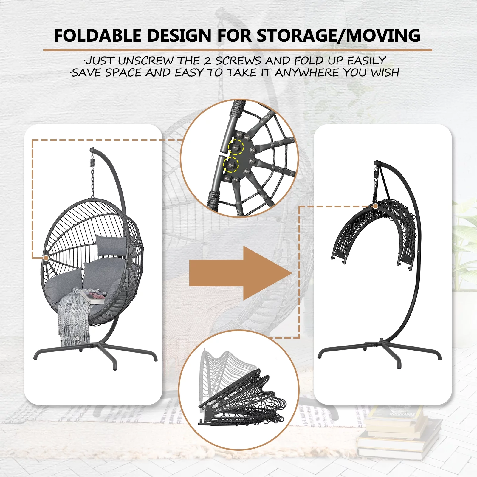 JOIVI Patio Swing Egg Chair with Stand, Oversized Cocoon-Shaped Hammock Chair with Cushion, Dark Gray