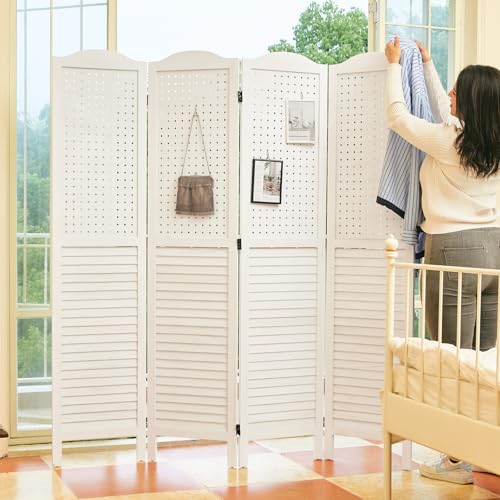 Room Divider Freestanding Folding Pegboard Privacy Screen | 4-Panel Display Stand for Jewelry, Craft Shows, Retail | Natural Wood