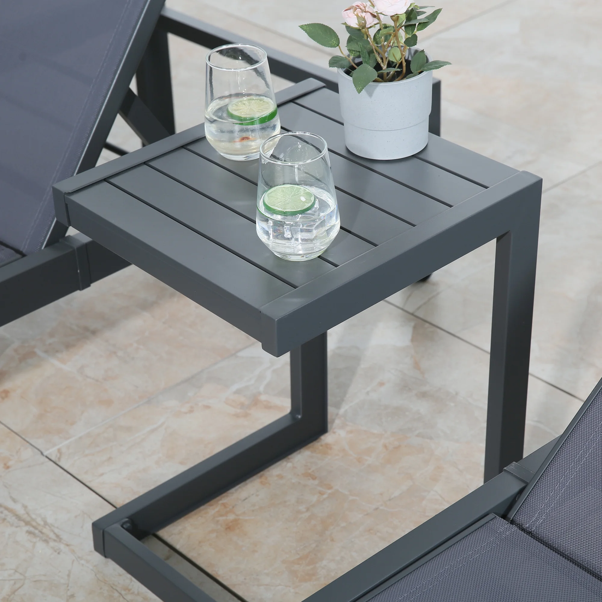 Ulax Furniture 3 Pieces Outdoor Patio Aluminum Reclining Chaise Lounge Chairs Set with C Shaped Side Table