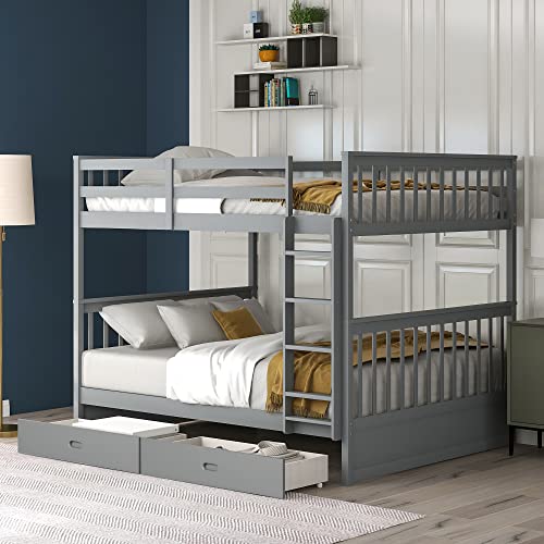 SOFTSEA Twin Over Full Bunk Bed with Slide, Solid Wood Bunk Beds with Stairs for Kids