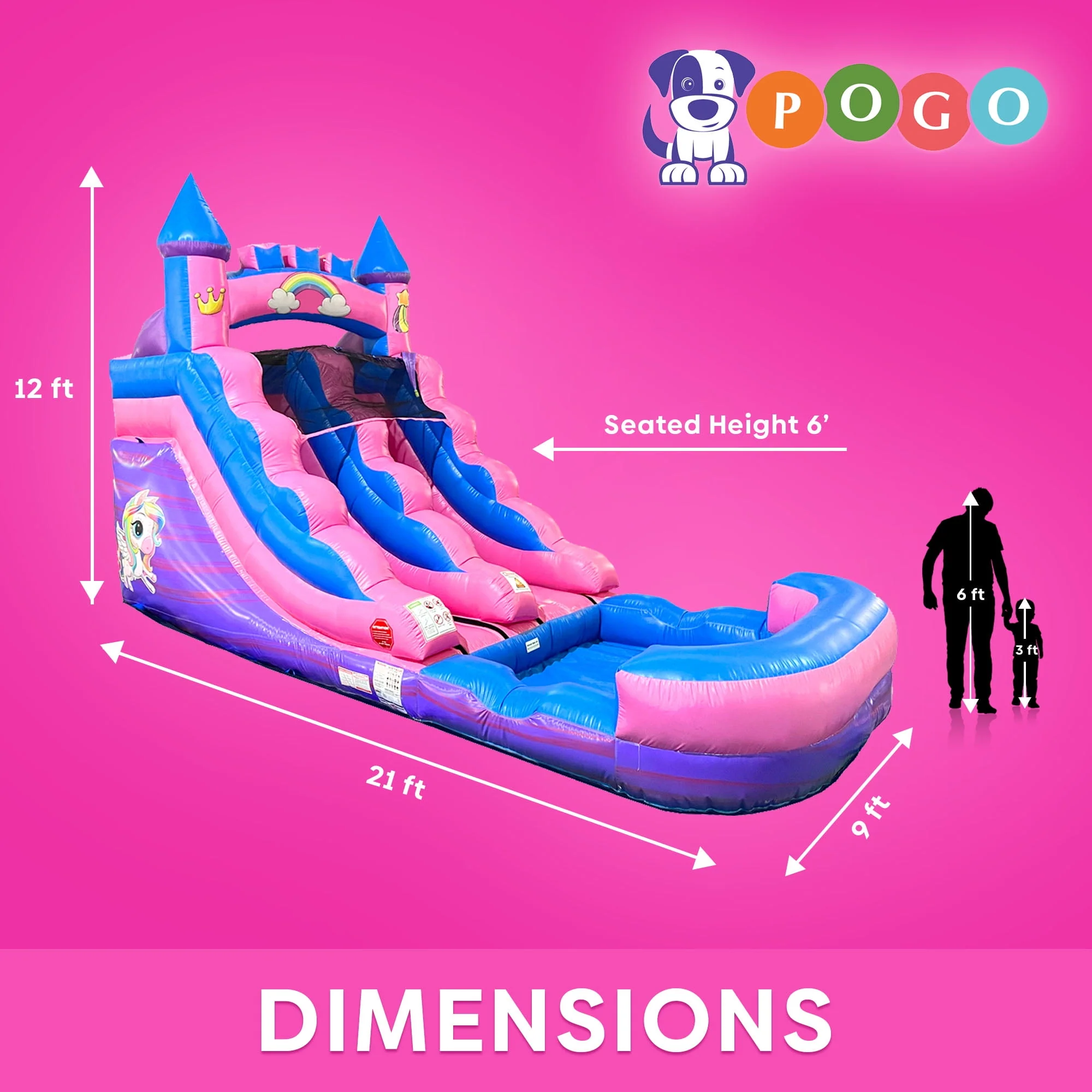 Pogo Bounce House Crossover Kids Inflatable Water Slide, Pink Unicorn with Blower, 12 ft