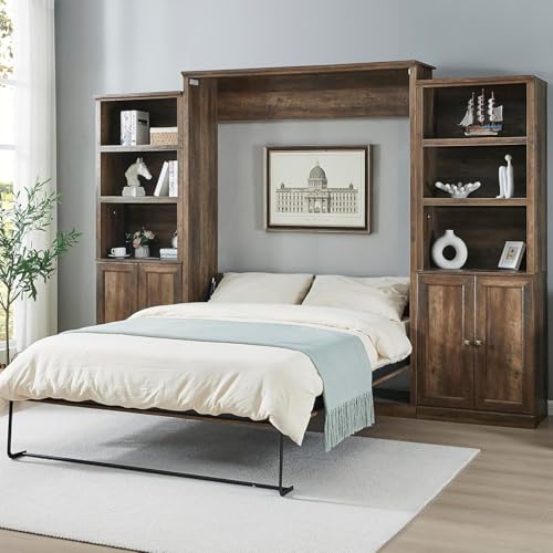 MERITLINE Queen Size Murphy Bed with Storage Bookcase Shelves,Cabinet and Charging Station,Wood Folding White Murphy Wall Bed