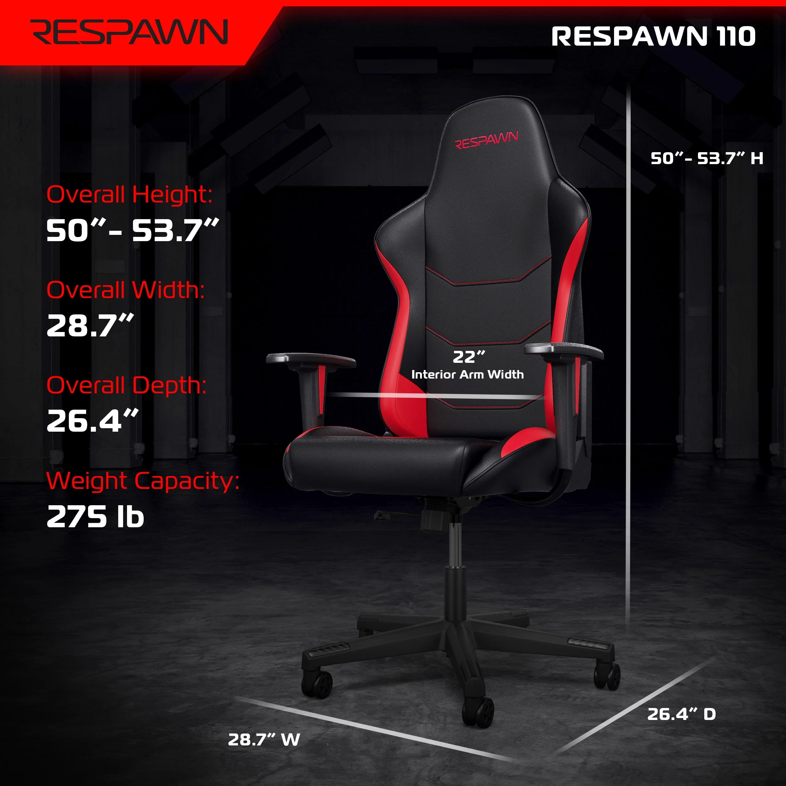 RESPAWN 110 Ergonomic PVC Gaming Chair-Racing Style High Back Office Chair -Integrated Headrest, Recline with Adjustable Tilt Tension & Angle Lock