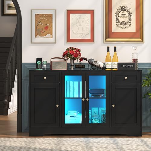 LED Coffee Bar Cabinet with Storage, 55'' Large Sideboard Buffet Cabinet, Wood Coffee Bar Buffet Table with 4 Doors and Charging Station