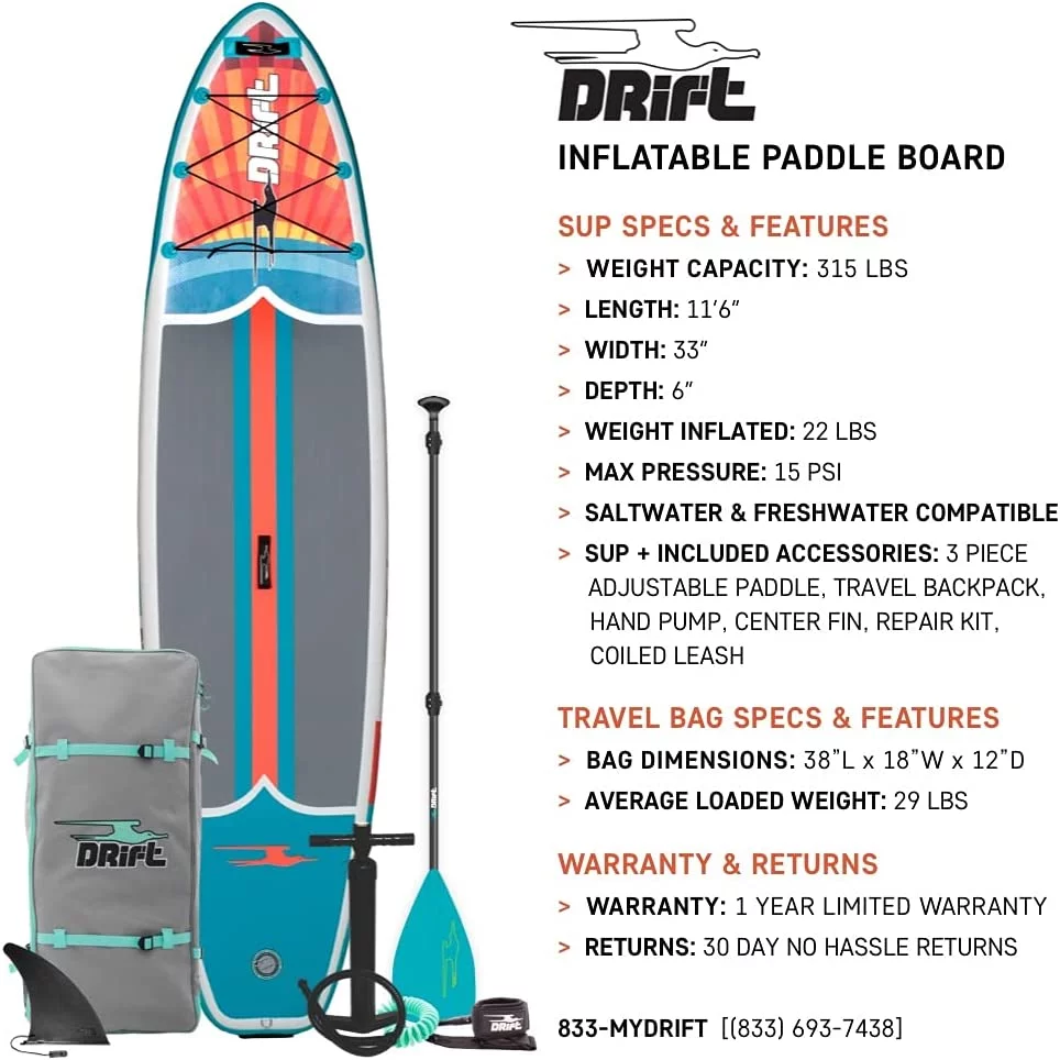 Drift Inflatable Stand Up Paddle Board - SUP Paddle Board and Accessories, Including Pump, Paddle, and More - Classic Woodgrain, Adult, 11'6