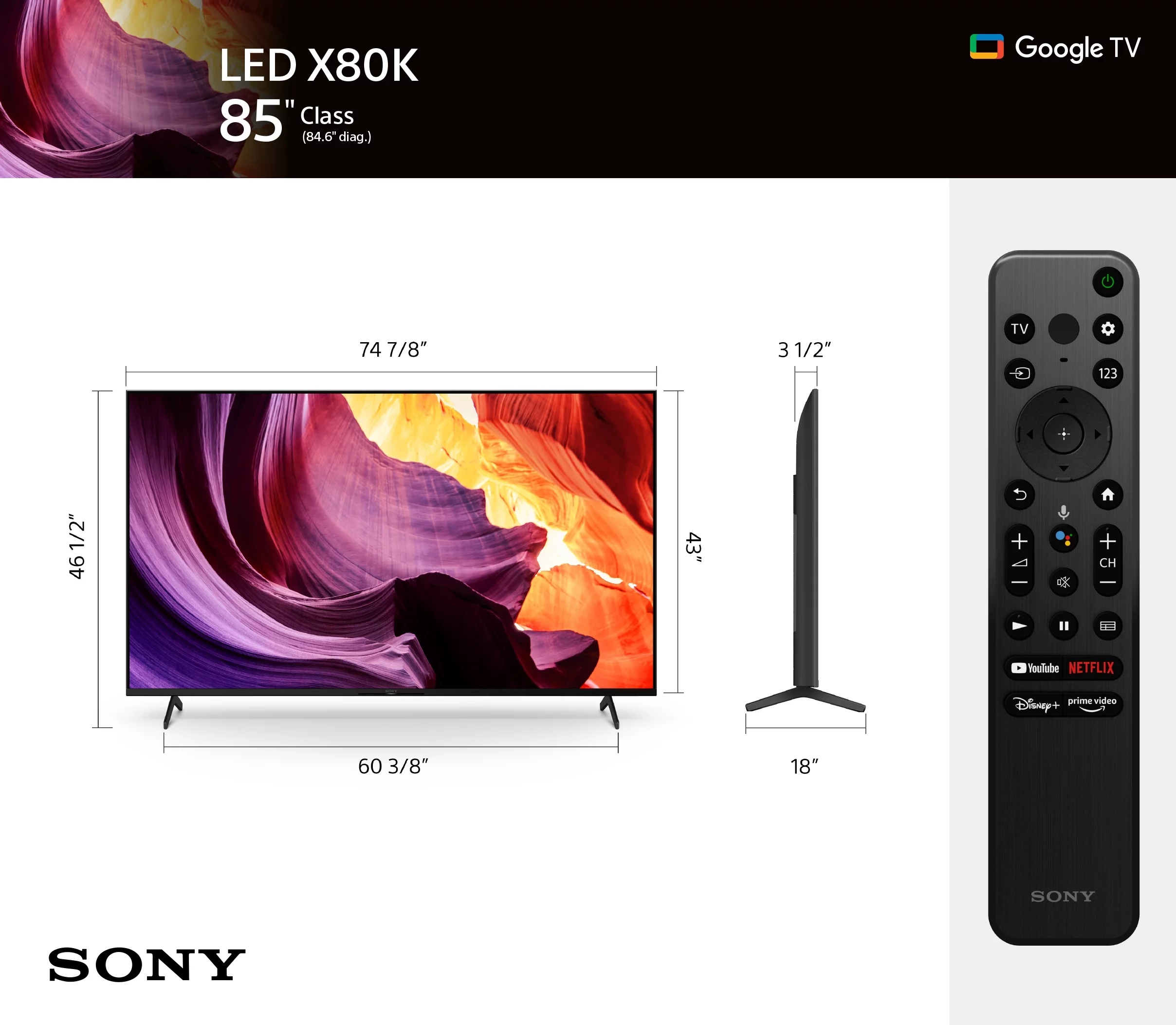Sony 85” Class X80K 4K Ultra HD LED with Smart Google TV KD85X80K- 2022 Model