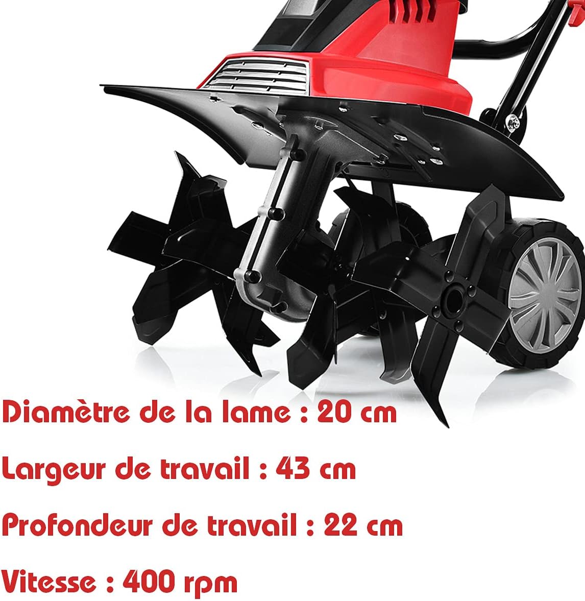 RELAX4LIFE Electric Tiller 1500 W at 400 RPM, Tiller with Working Depth 22 CM, Width 43 CM and 6 Blades