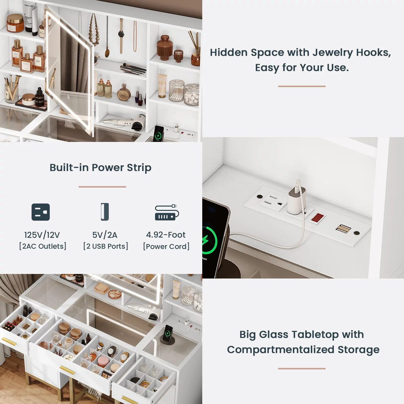 Afuhokles Vanity Set with Lighted Mirror and Charging Station, Vanity Desk Makeup Vanity with Big Glass Desktop,Compartment Storage