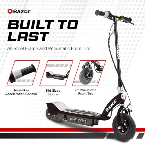 Razor E100 24 Volt Motorized Electric Kick Scooter with 8 Inch Pneumatic Tires and Rechargeable Battery for Kids Aged 8 and Up, Black