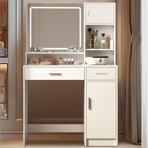 Vanity Desk with Mirror and Light, Large Drawer and Three Level Storage Dresser, 3 Lighting Modes Adjustable Brightness