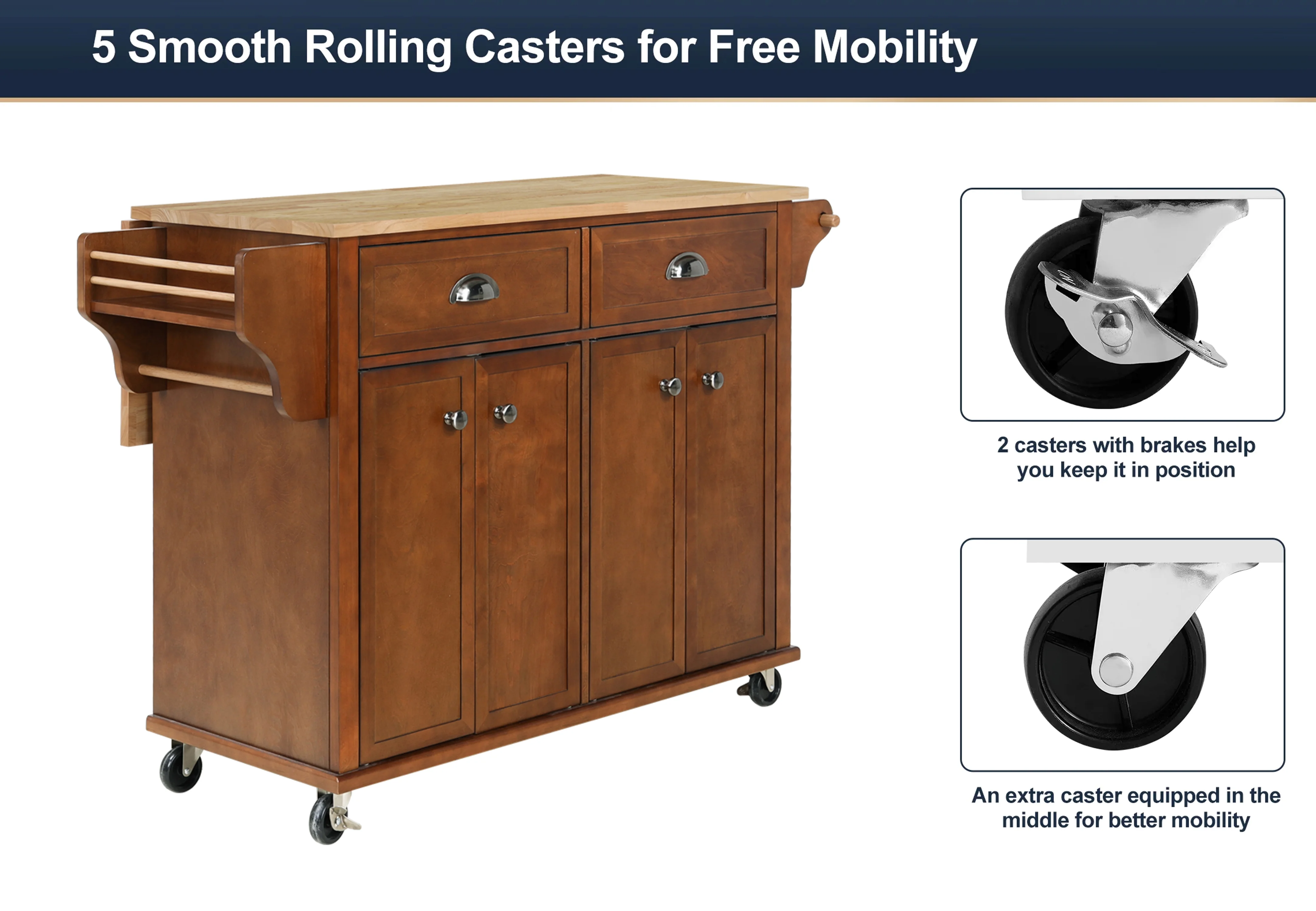 Rolling Kitchen Island Cart with Large Storage Cabinet on Wheels, Solid Rubberwood Countertop with Drop Leaf, Greenguard Gold Certified, 4-Droors