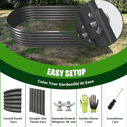 A ANLEOLIFE 8X4X1.5 ft Galvanized Raised Garden Beds Outdoor, Oval Large Metal Planter Box for Planting Vegetables Flowers Herb