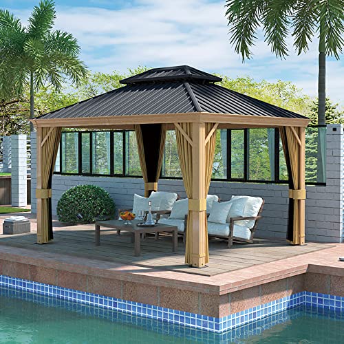 HAPPATIO 10' x 12' Hardtop Gazebo with Netting and Curtains, Double Roof Permanent Patio Metal Gazebo Canopy for Patio, Deck, Backyard （Gray）