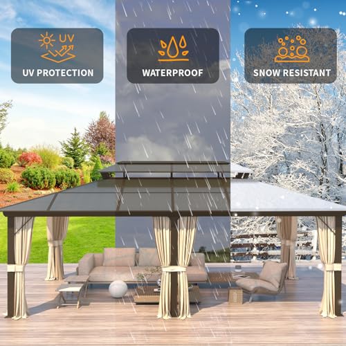 YOLENY 10'x13' Hardtop Gazebo, Outdoor Polycarbonate Double Roof Canopy, Aluminum Frame Permanent Pavilion with Curtains and Netting