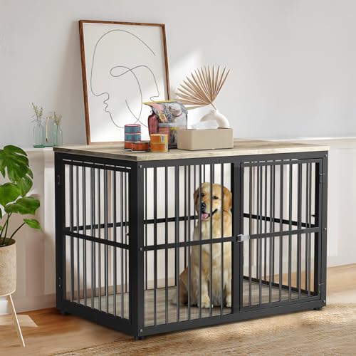 43'' Dog Crate Furniture with 3 Doors, XL Wooden Crate End Table Heavy Duty Indoor Puppy Cage for Medium to Large Dogs, Multiple Units Can be Combined