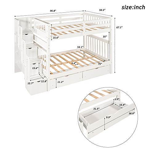 Harper & Bright Designs Stairway Twin Over Twin/Full Bunk Bed with Twin Size Trundle and Drawers