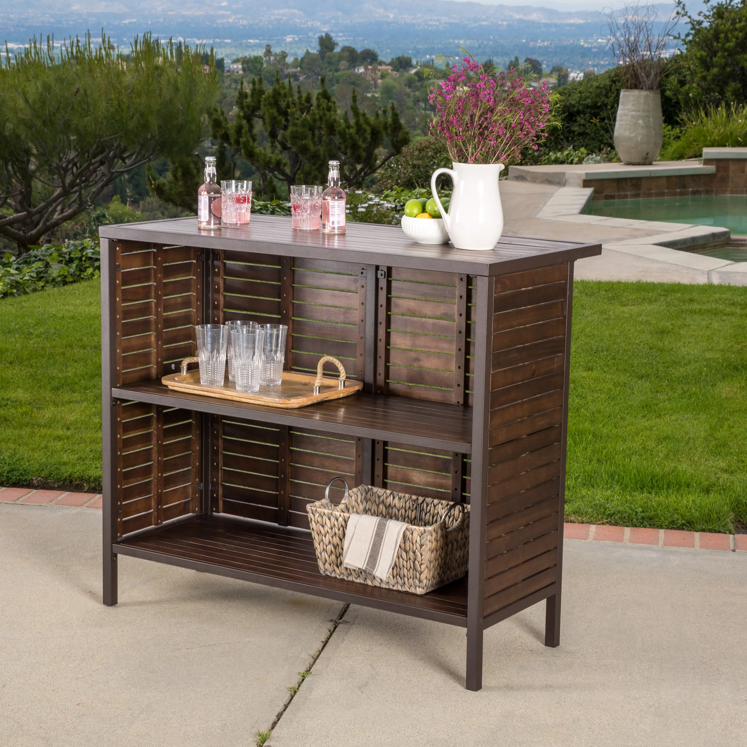 Ellis Outdoor 3 Piece Acacia Wood Bar Set, Dark Brown