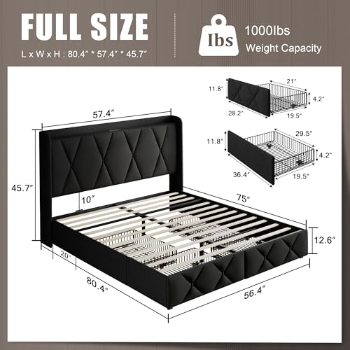 Queen Bed Frame with 4 Storage Drawers and Charging Station, Upholstered Platform Bed Frame with Storage Headboard, No Box Spring Needed