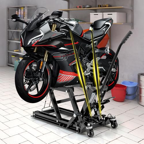 Goplus Motorcycle Lift, 1500 LBS Hydraulic ATV Scissor Jack with Footplates & Long Handle, 2 Ratchet Belts, 4 Wheels, 4.7”-15” Lifting Range