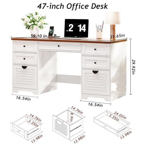59" Home Office Desks, Executive Desk, Farmhouse Computer Desk with 7 Drawers and Charging Station, File Drawer, Rustic Computer Writing Desk