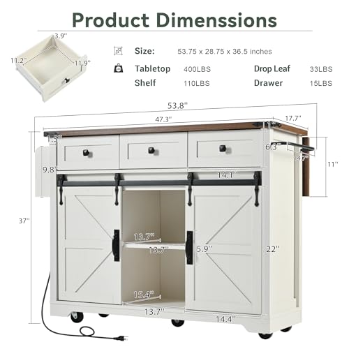 Farmhouse Kitchen Island with Power Outlet, Drop Leaf, Spice Rack and Drawer,Rolling Kitchen Cart on Wheels