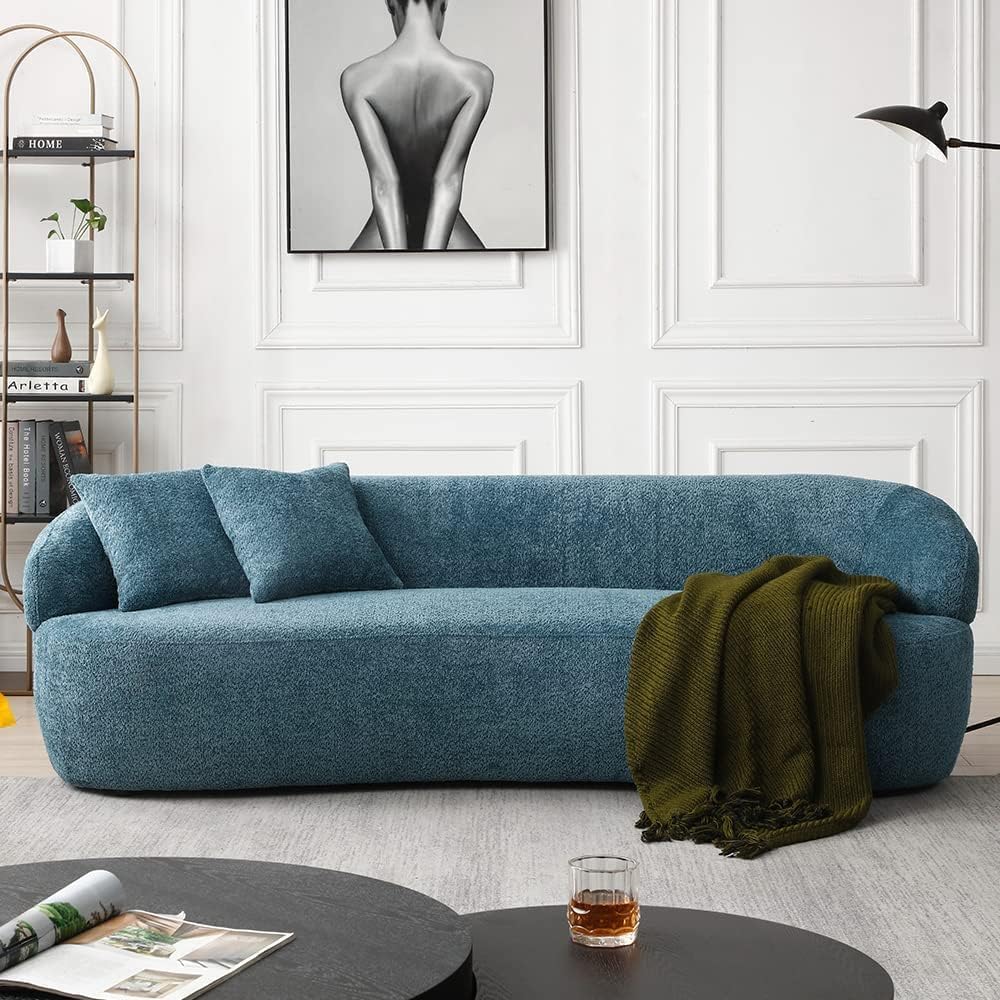 86.6'' Curved Sofa for Living Room Round Sectional Sofa Couch 3 Seater Upholstered Sofa Boucle Couch with Pillows for Apartment Home Office, Blue
