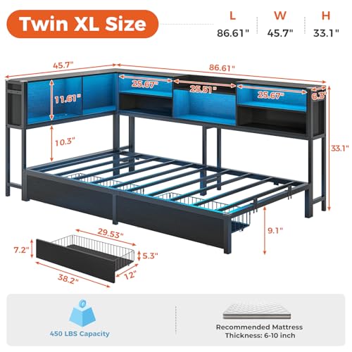 DICTAC Corner Twin Bed Frame with Bookcase Storage and Led Lights Metal Twin Size Platform Beds with Storage and Charging Station Twin Daybed with 2