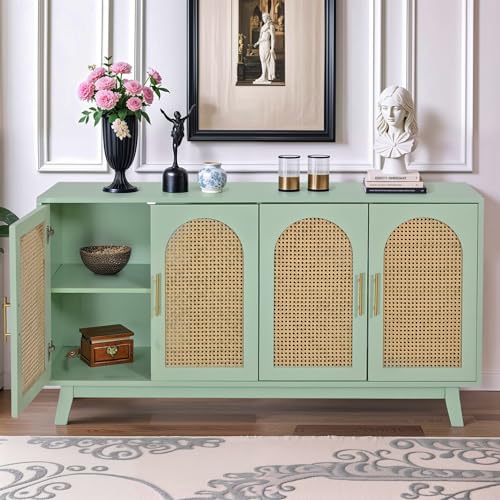 Sideboard Accent Storage Cabinet with Rattan Decorated 4 Doors Modern Freestanding Kitchen Buffet Table Cupboard Accent Cabinet for Dinging Room