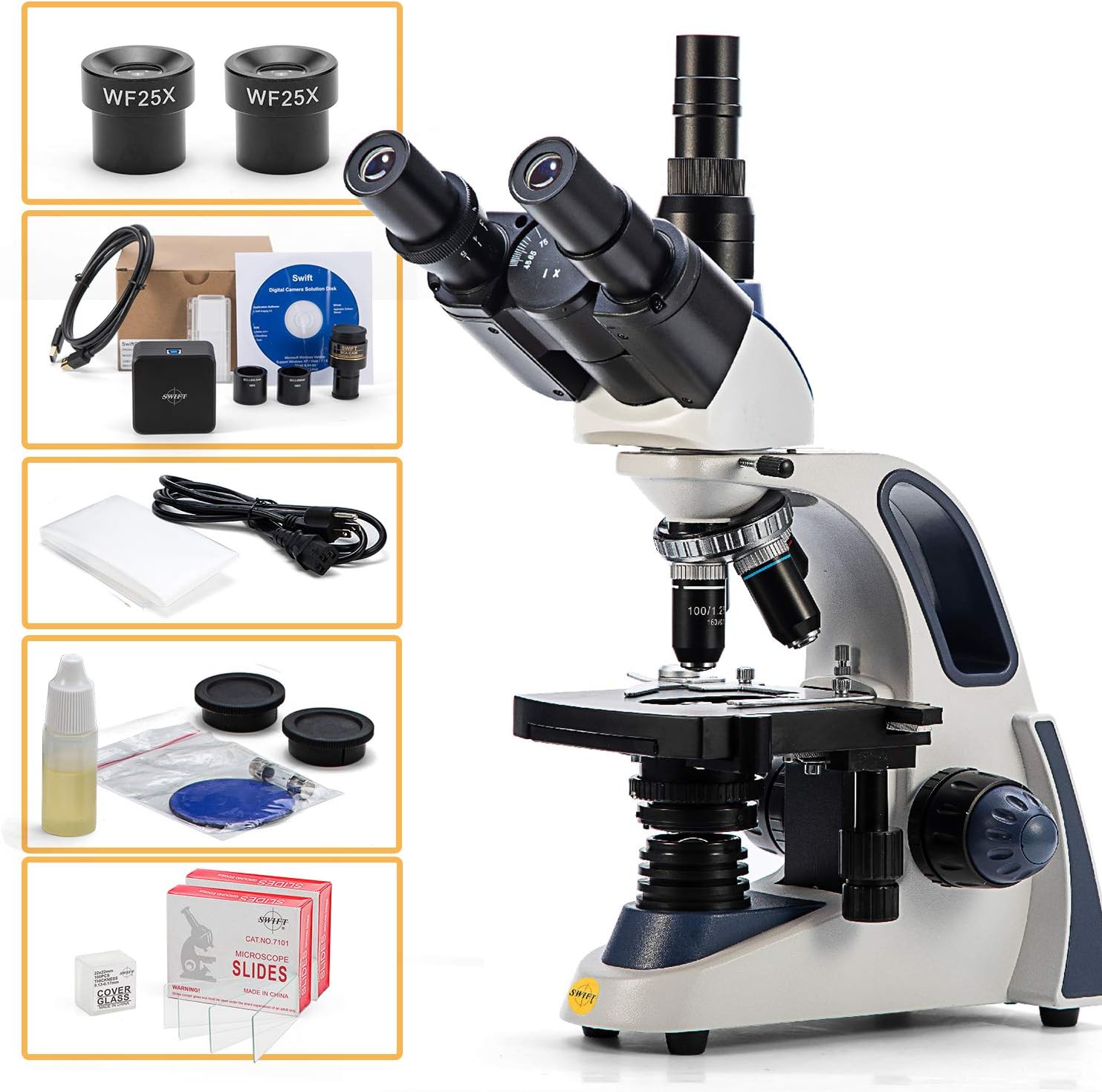 Swift Compound Trinocular Microscope SW380T,40X-2500X Magnification,Siedentopf Head,Two-Layer Mechanical Stage