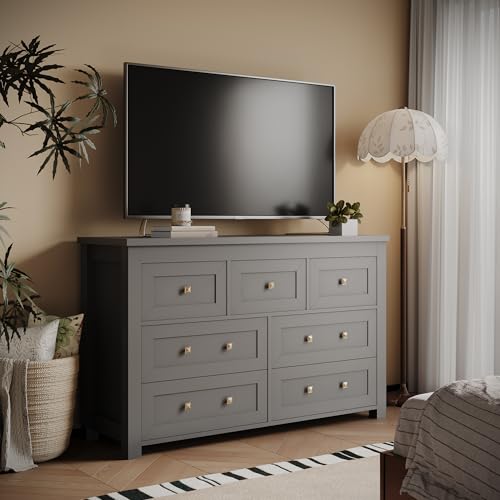 7 Drawer Dresser for Bedroom, Farmhouse Wood Chest of Drawers, Wide TV Stand Closet Storage Furniture with Metal Handle