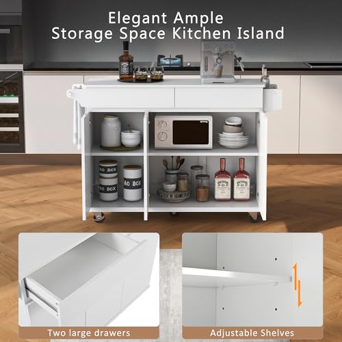 53.5''Farmhouse Kitchen Island with Power Outlet, Kitchen Storage Island with Drop Leaf, Spice Rack and Drawer, Rolling Kitchen Cart on Wheels