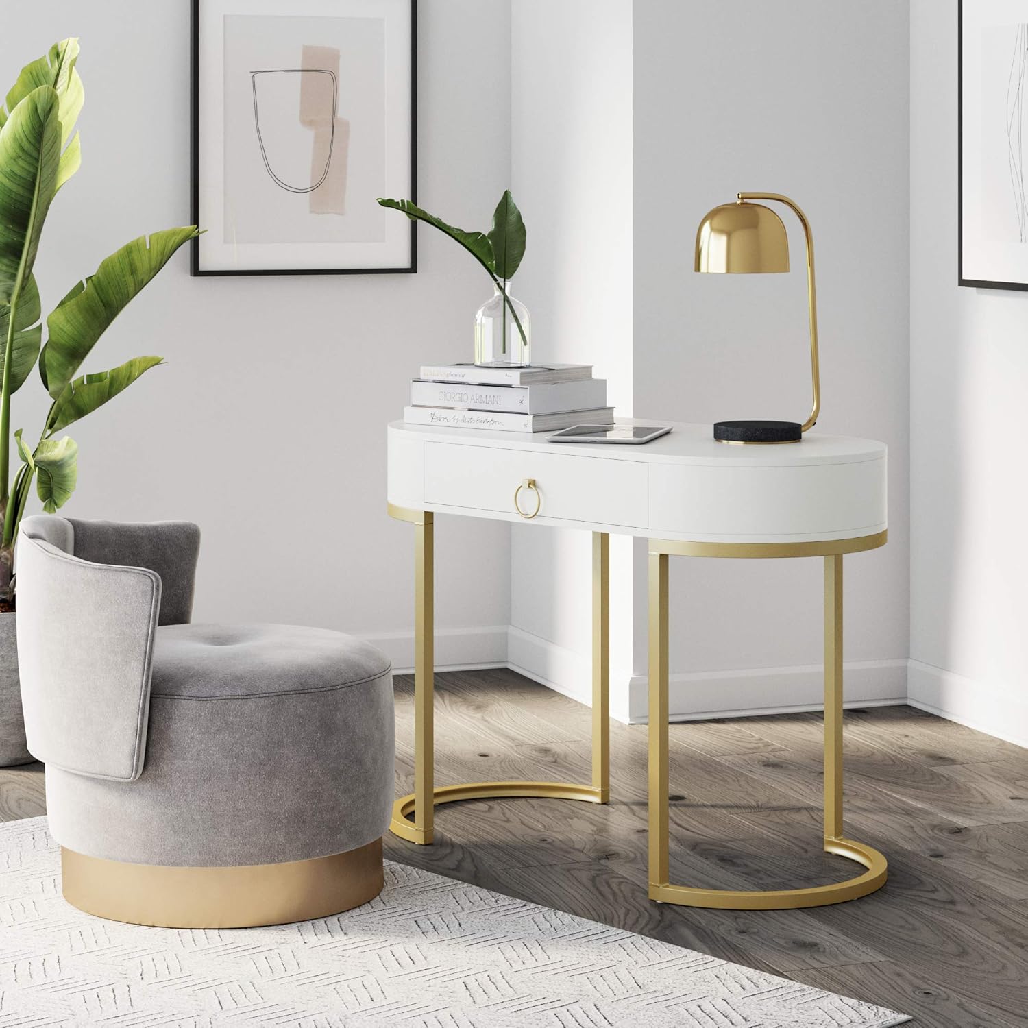 Nathan James Leighton Two-Drawer Writing Glam Accents Brass, 2, White/Gold & Theo 5-Shelf Modern Bookcase