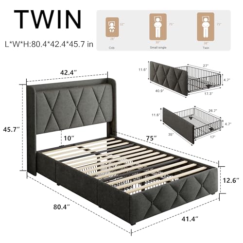 iPormis Queen Bed Frame with 4 Storage Drawers, Upholstered Platform Bed Frame with Charging Station, Modern Wingback Storage Headboard