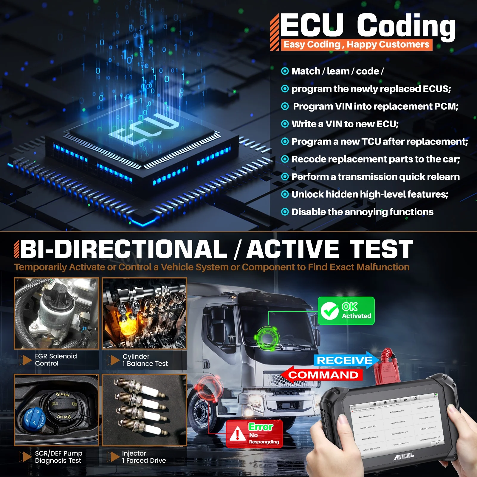 ANCEL V5 HD Diesel Truck Bi-directional Diagnostic Scan Tool Heavy Duty Truck All System Scanner 40+ Maintenance Reset DPF Regen ECU Coding OBD2 2 IN