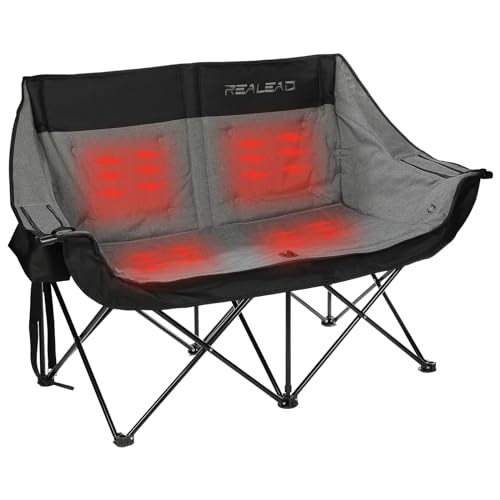 REALEAD Heated Double Camping Chair, 3 Heat Levels and 4 Heating Zones, Portable Heated Loveseat Chair for Outdoor Sports Support 650lbs