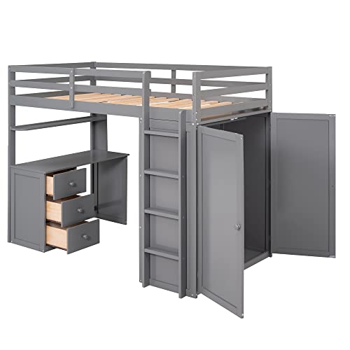 Harper & Bright Designs Full Size Loft Bed with Desk and Wardrobe, Solid Wood Loft Bed Frame with Storage Drawers, for Kids Teens Adults (White)