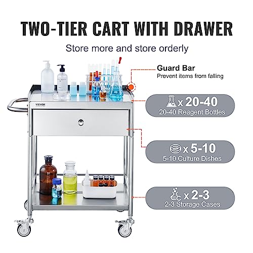VEVOR Shelf Stainless Steel Utility Cart Catering Cart with Wheels Medical Dental Lab Cart Rolling Cart Commercial Wheel Dolly Restaurant Dinging