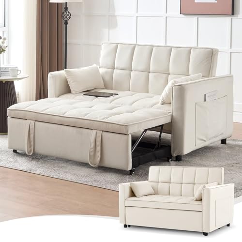 Modern 3 in 1 Convertible Sleeper Sofa Couch Bed with USB, Adjustable Backrest Velvet Pull Out Sofa Bed, Loveseat Sleeper Couch
