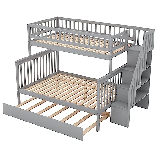 Harper & Bright Designs Bunk Beds Twin Over Full Size, Bunk Bed with Trundle,Storage Shelf and Stairway