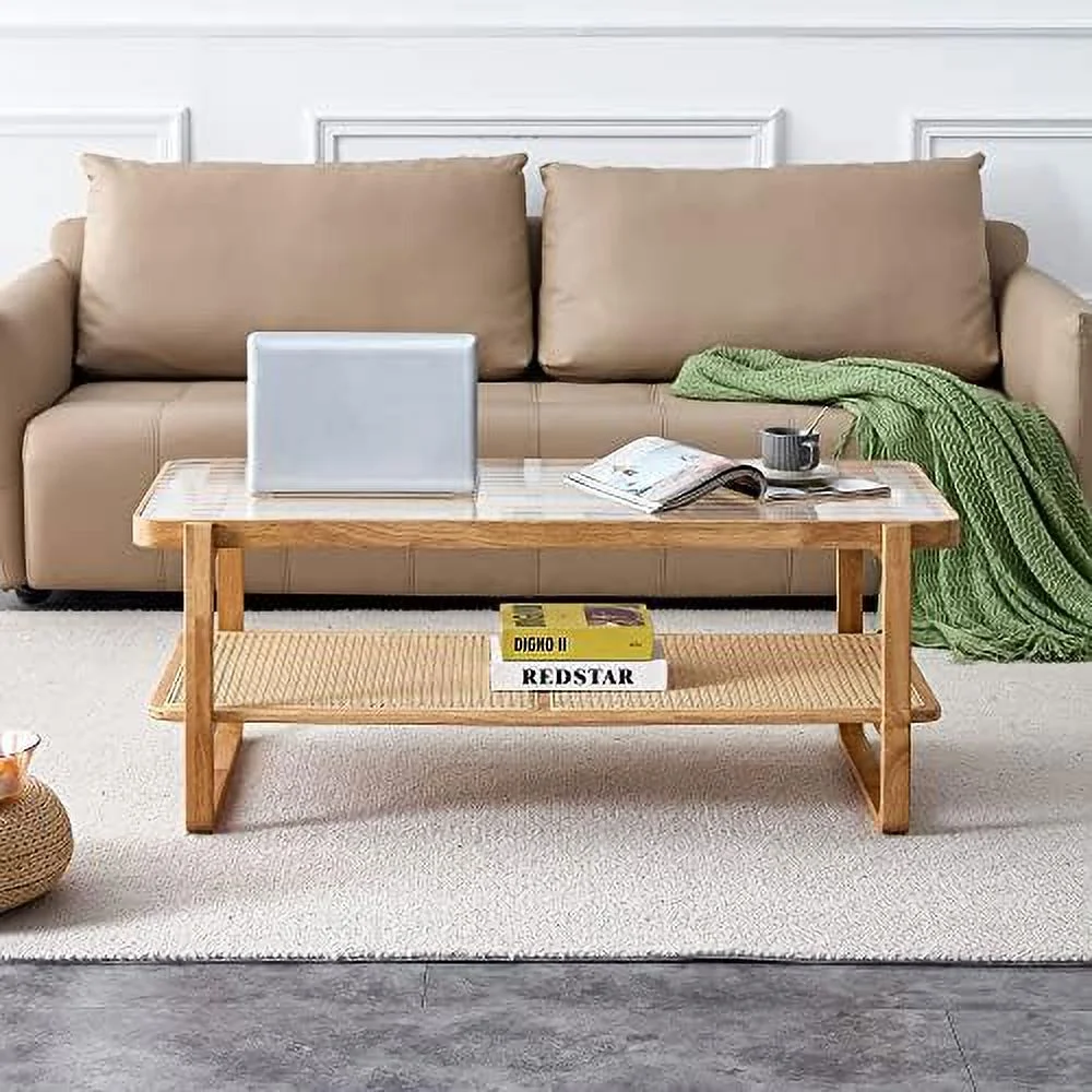 NLIBOOMLife Rattan Coffee Table Rustic Style Wooden Coffee Table Rectangular Wood Coffee Table for Living Room Glass Top Coffee Table with Imitation