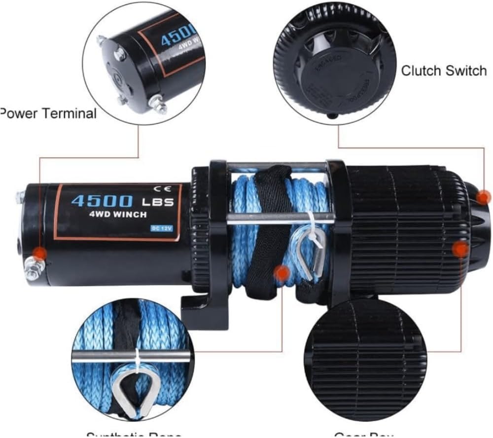 4500LBS Electric Winch Synthetic Rope Towing 12V Off-Road (Stainless Steel) 4500LB,2041KG ensures Quality and Performance Drum Diameter 52mm x79mm