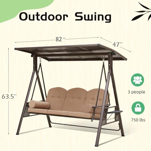 YOLENY Oversized Outdoor Porch Swing with Hardtop, 3 Seat Patio Swing with 2 Side Cup Holder, 3-in-1 Convertible Backrest Swing Bed with Cushion
