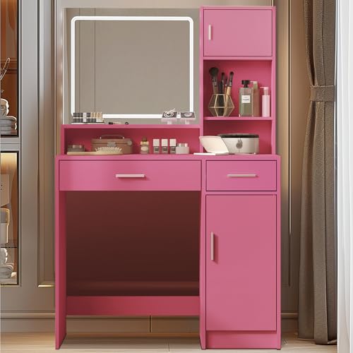 Vanity Desk with Mirror and Light, Large Drawer and Three Level Storage Dresser, 3 Lighting Modes Adjustable Brightness