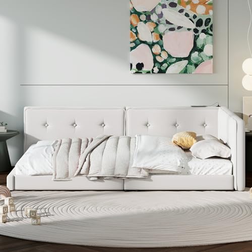 SOFTSEA Full Size Upholstered Floor Daybed, Modern L-Shaped Daybed Corner Bed with USB Ports